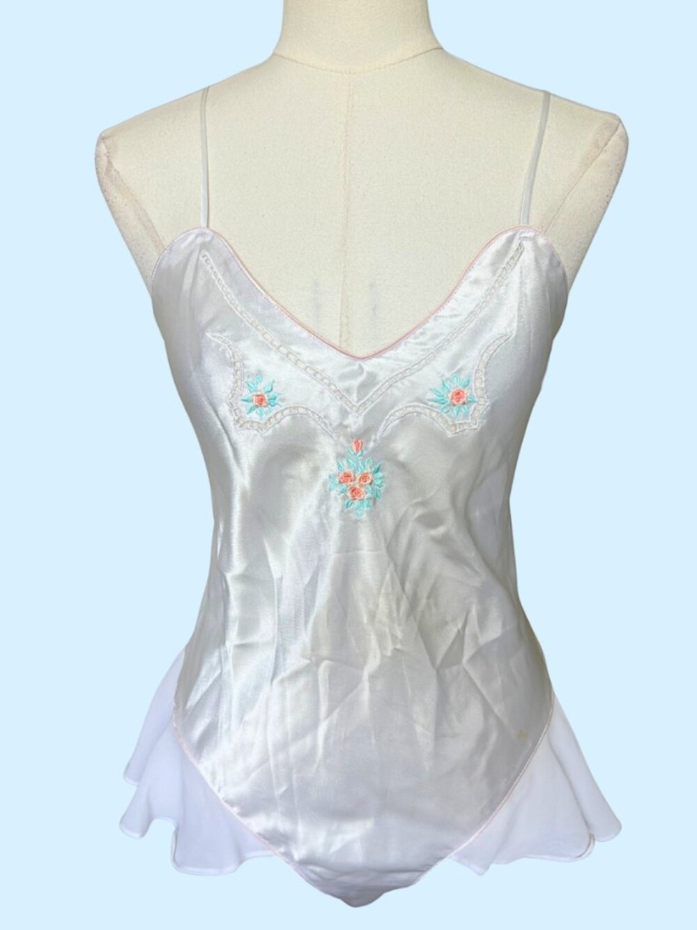 White Satin Floral-Embroidered Chemise Bodysuit